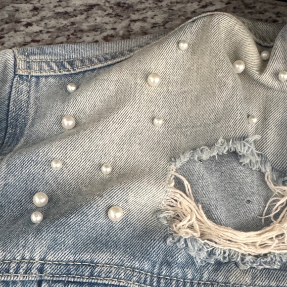 Free People Light Blue Distressed Jean Jacket with Pearl Accents - Picture 2 of 5